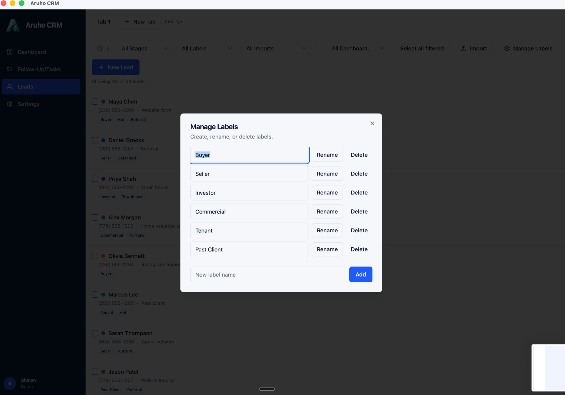 Aruho CRM Manage Labels dialog showing Buyer, Seller, Investor, Commercial, Tenant, and Past Client labels
