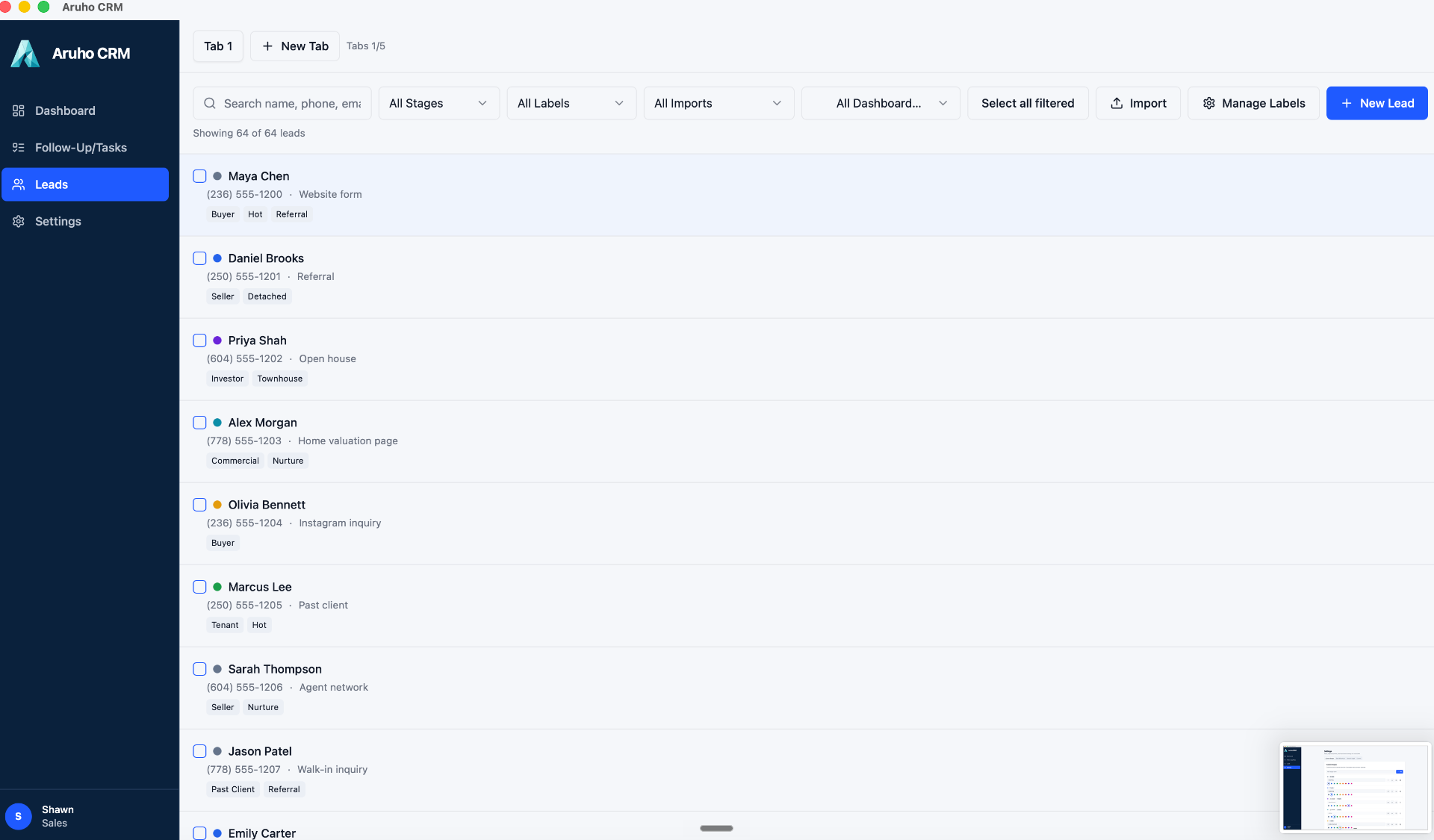 Aruho CRM Leads page with All Stages, All Labels, All Imports, and All Dashboard filters