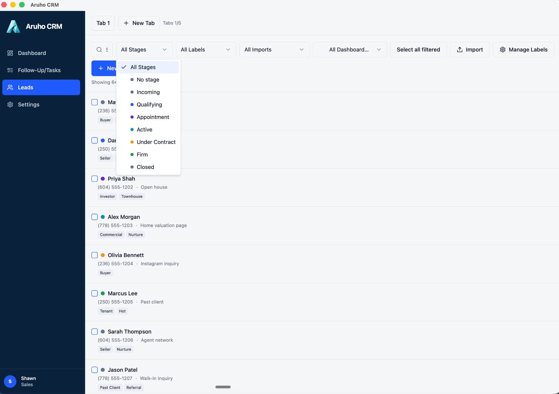 Aruho CRM Leads page with stage filter open showing Incoming, Qualifying, Appointment, Active, Under Contract, Firm, and Closed